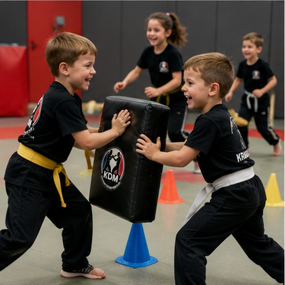 Enfants du groupe 5-7 ans lors d'un jeu d'opposition avec bouclier
