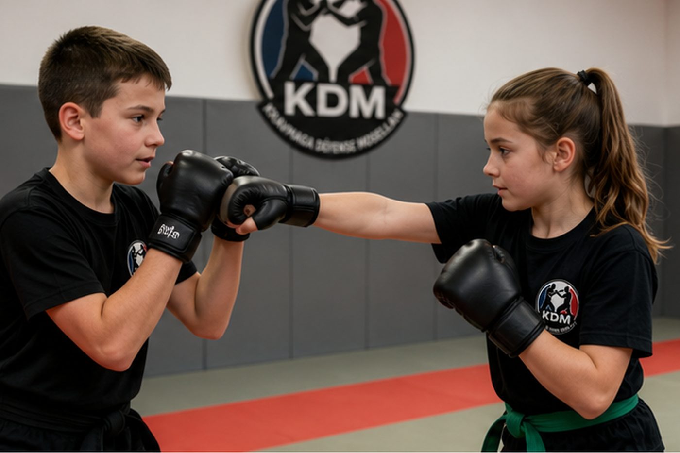 Deux enfants du groupe des grands en travail à deux avec gants